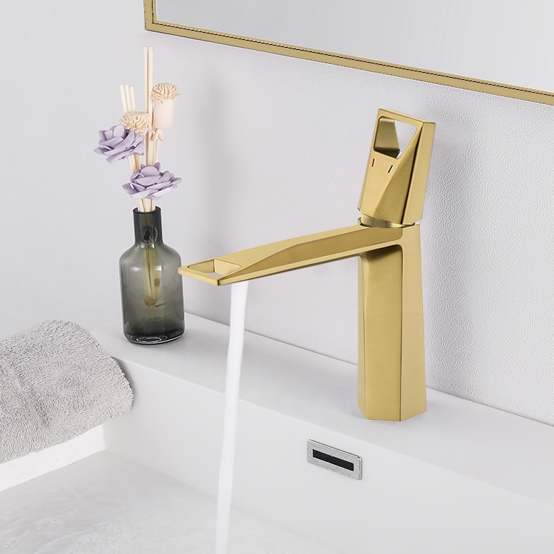 

Brushed Gold Single Handle Bathroom Sink Faucet Single Hole Solid Brass