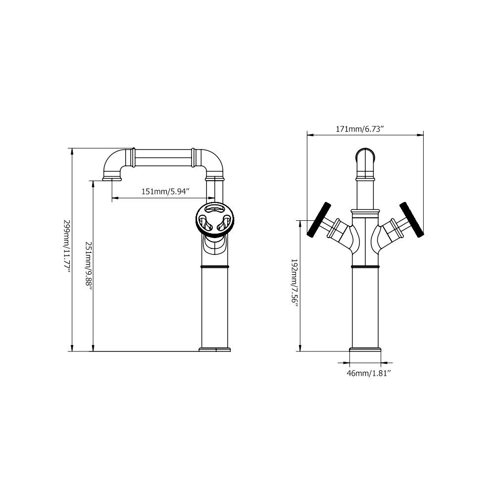 Ruth Industrial Pipe Bathroom Countertop Basin Mixer Tap Mono 2-Handle Solid Brass