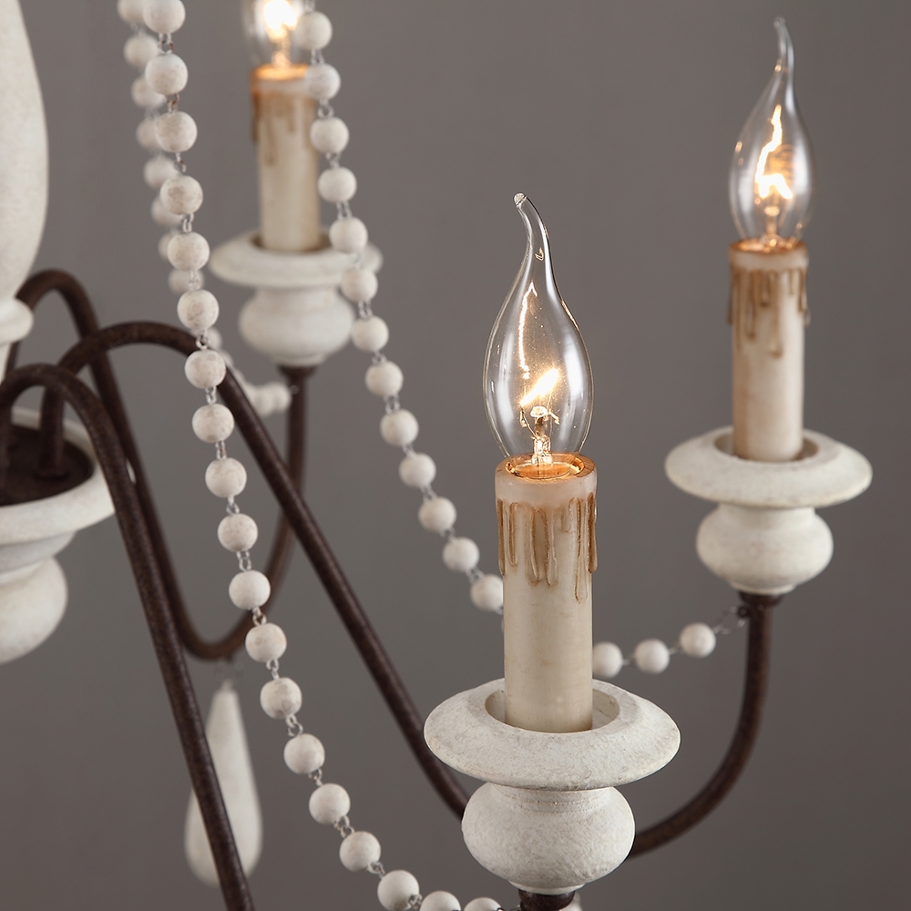 French Country Candle-Style Wood Bead Swag 1-Tier Wooden Chandelier 6-Light in White