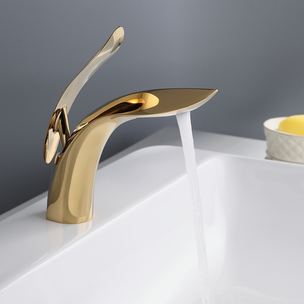 Zime Modern Minimalist Single Lever Handle Monobloc Gold Bathroom Basin