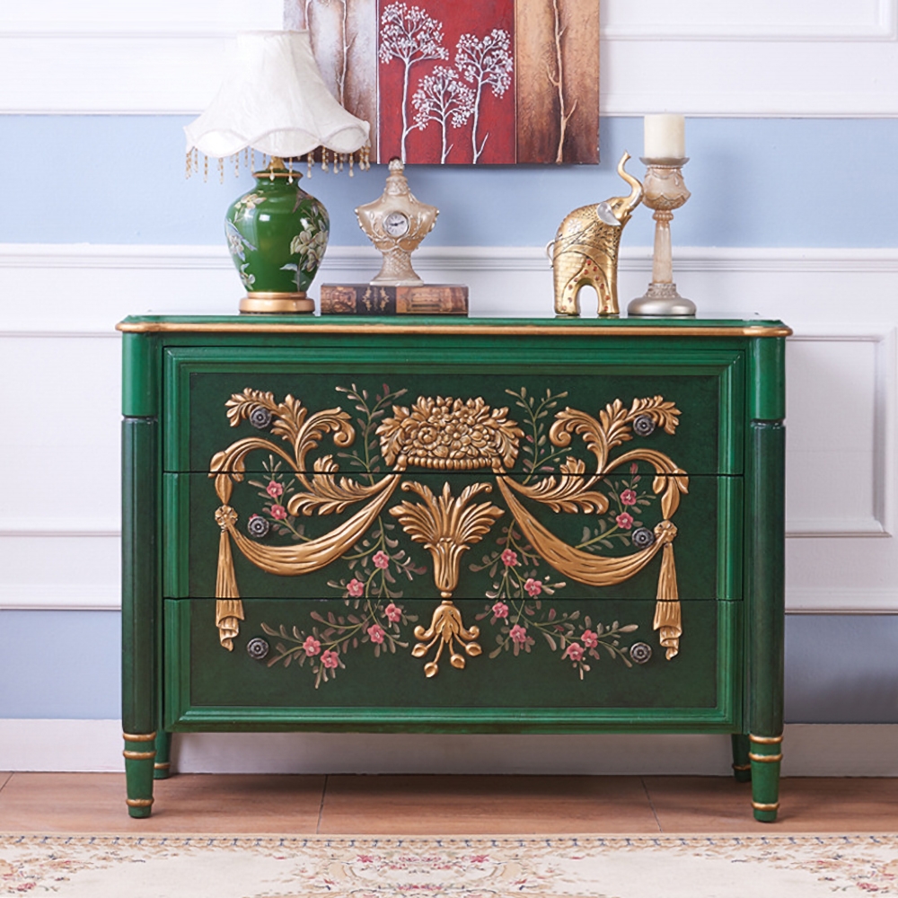 1200mm Classic Green Entryway Cabinet Embossed Flower Patterns 3 Drawers
