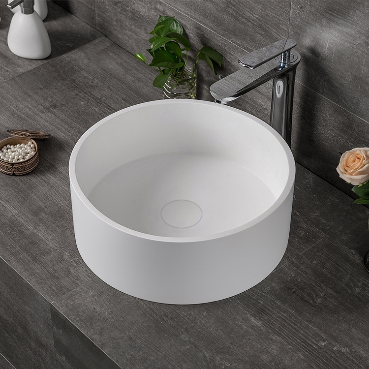 17.7" Glossy White Stone Resin Round Solid Surface Bathroom Sink Above Counter Popup Drain Included