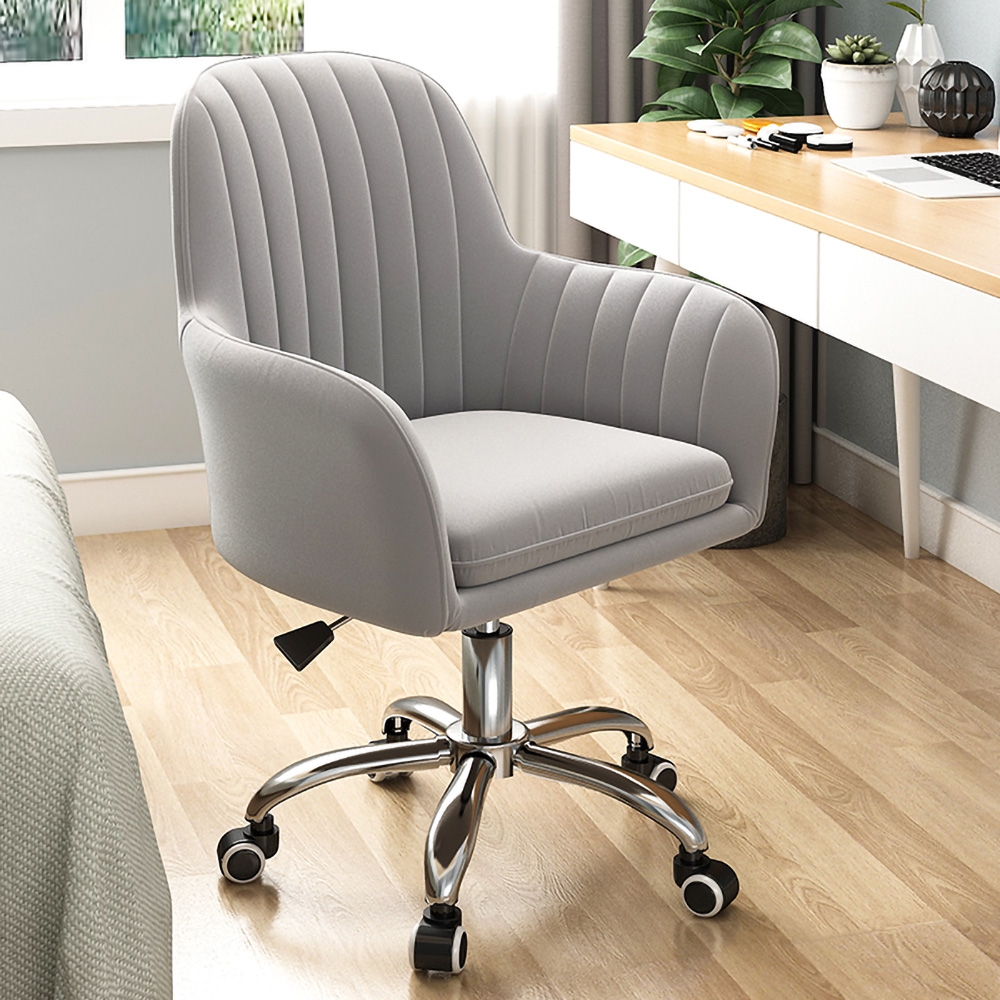 

Gray Office Chair Upholstered Velvet Channel Tufeted Adjustable Height Swivel Task Chair