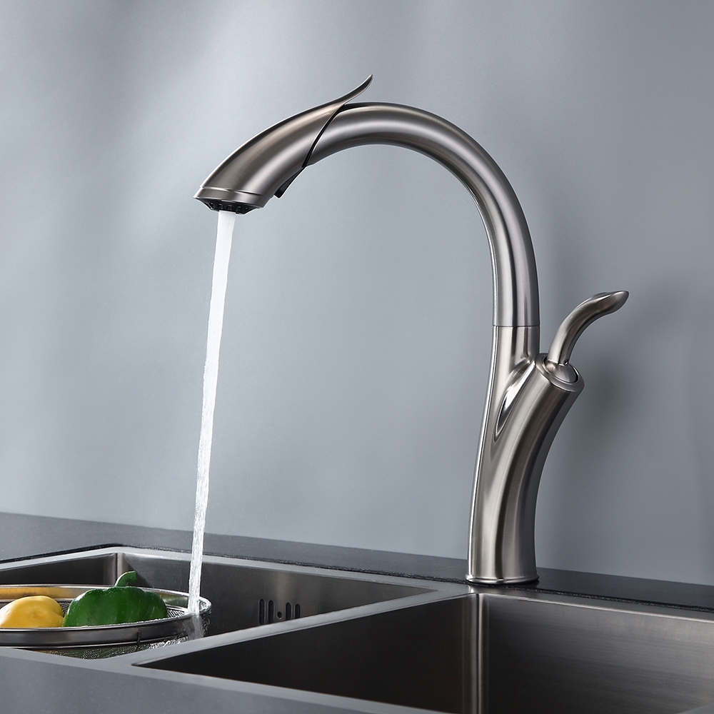 Modern Pull Down Single Handle Brushed Nickel Single Hole High Arc Kitchen Faucet