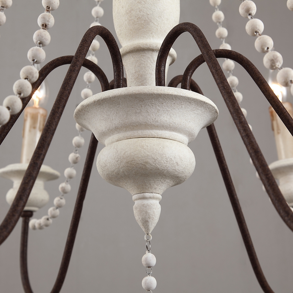 Lámpara de araña de madera estilo vela de estilo francés, 6 luces, color blanco