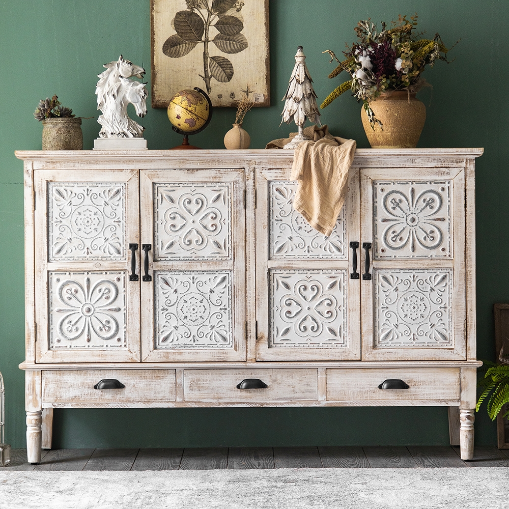 1500mm Farmhouse Distressed White Sideboard Buffet Artistic Surface Drawers Shelves