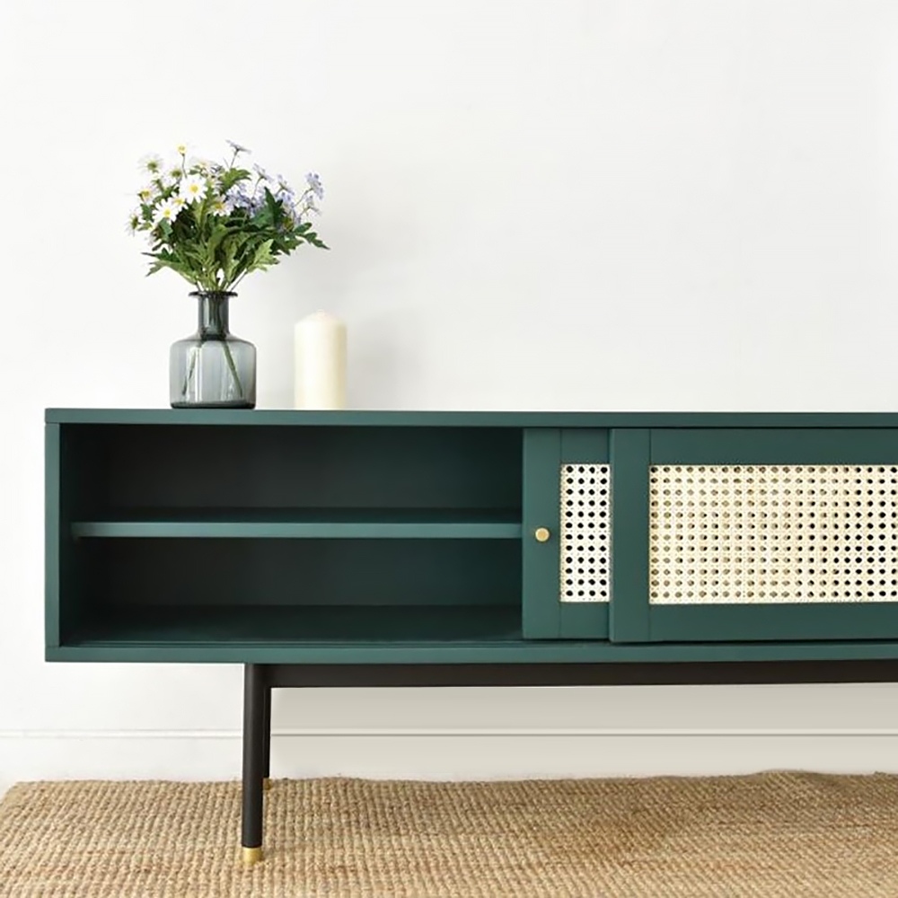 Modern Green TV Stand for 70 inch TV with 2 Drawers & 2 Doors & Rattan Decorated