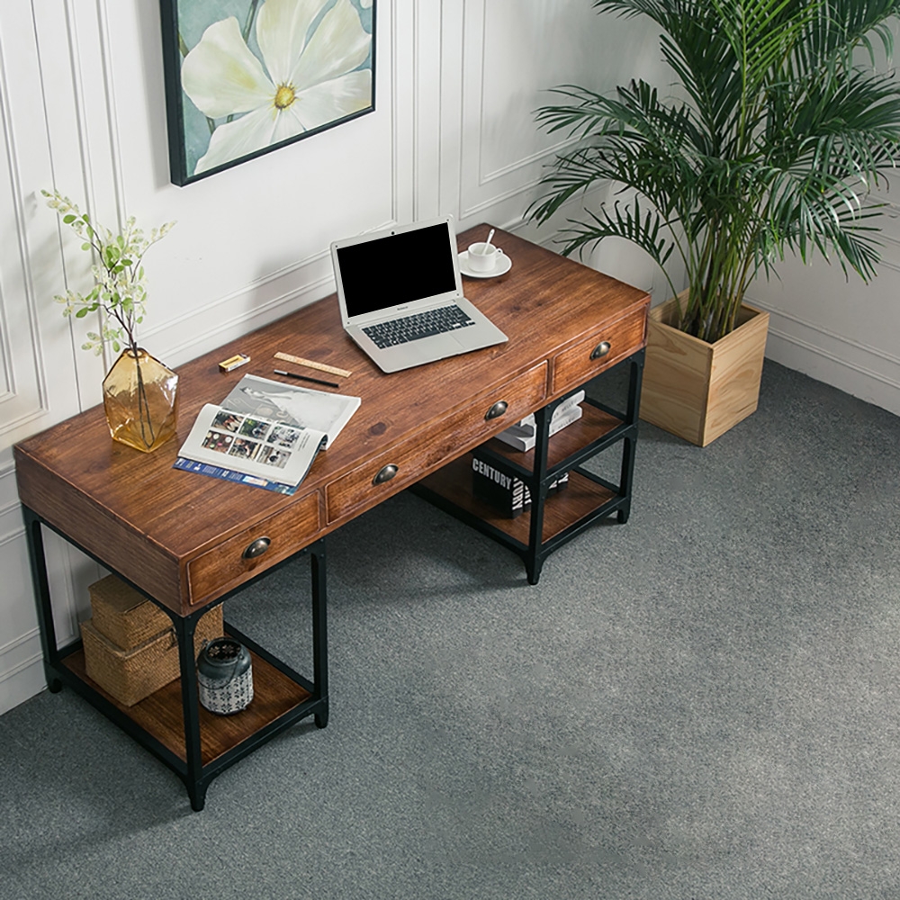 

Vintage Industrial Rectangular Writing Desk with Drawers&Shleves Office Desk Metal in Black Finish