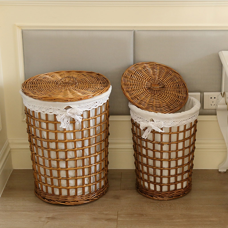 Farmhouse Style Round Rattan Hamper Rattan Space-saving Woven Laundry Hamper With Lace Liner & Lid In Gold Set Of 2