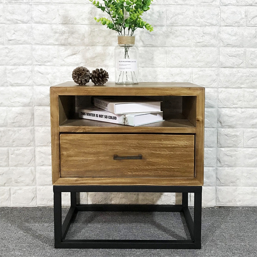 Industrial Nightstand Walnut Pine Wood Bedside Table with 1 Drawer in Black