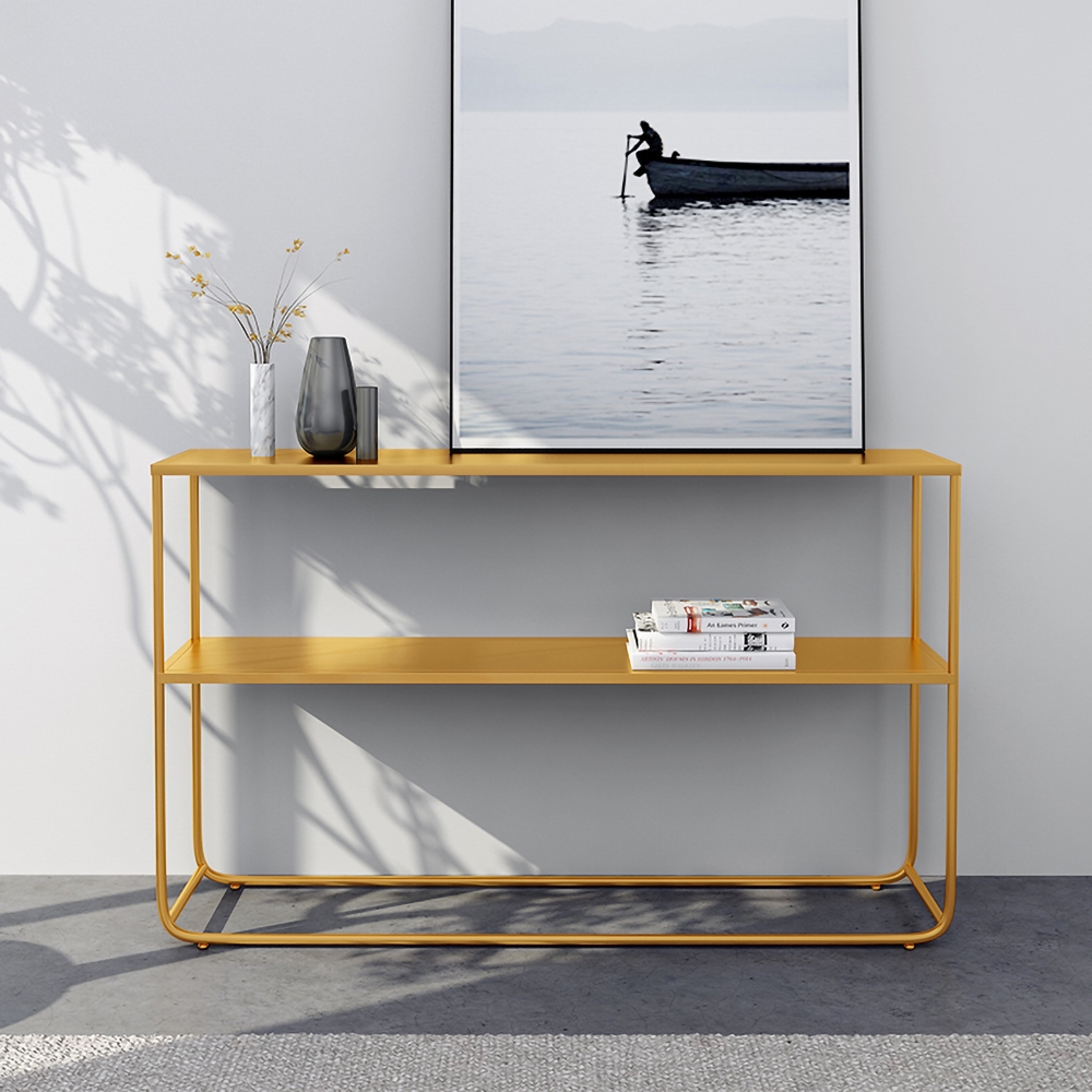 Modern Narrow Metal Console Table With Shelf In Gold