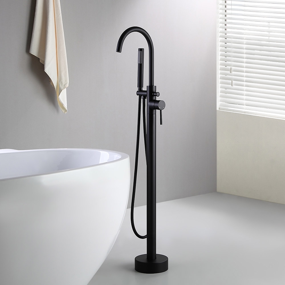 Brewst Modern Brass Floor Mounted Bath Filler Tap with Handheld Shower in Matte Black
