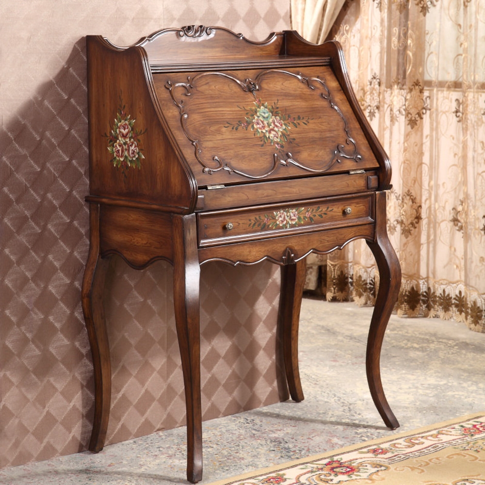 

Rustic Secretary Desk Flip-Top Floral and Embossed Surface with File Divisions & Drawers