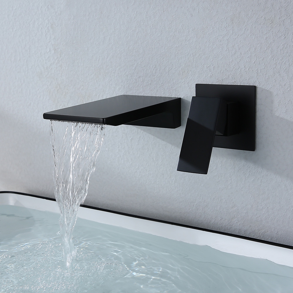 Waterfall Wall Mounted Matte Black Bathroom Mixer Tap Single Lever Handle