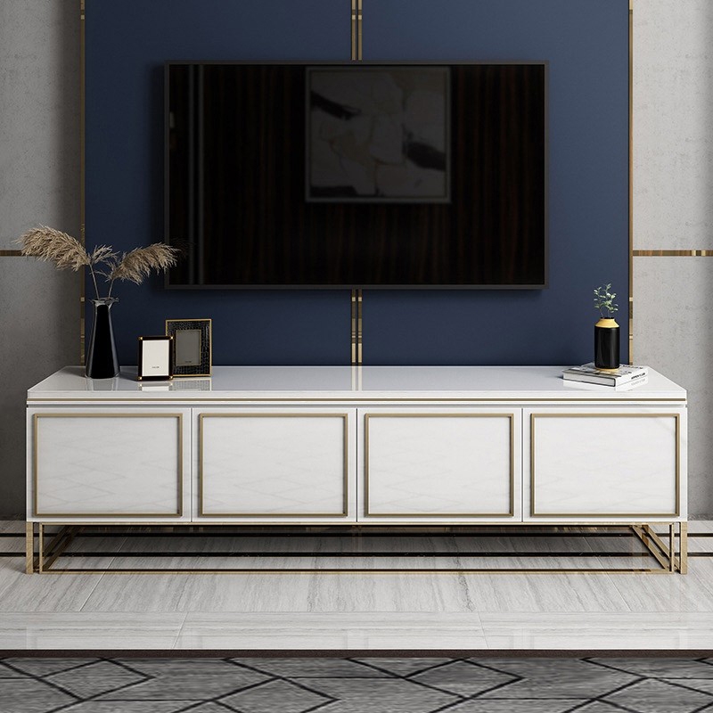 Medally White TV Stand Modern Console with Drawer Gold Media Console for TV Up To 2519mm