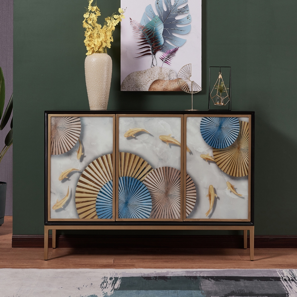

Luxury Sideboard Glass Drawing Panel Buffet with Doors and Shelves Gold Finish in Large