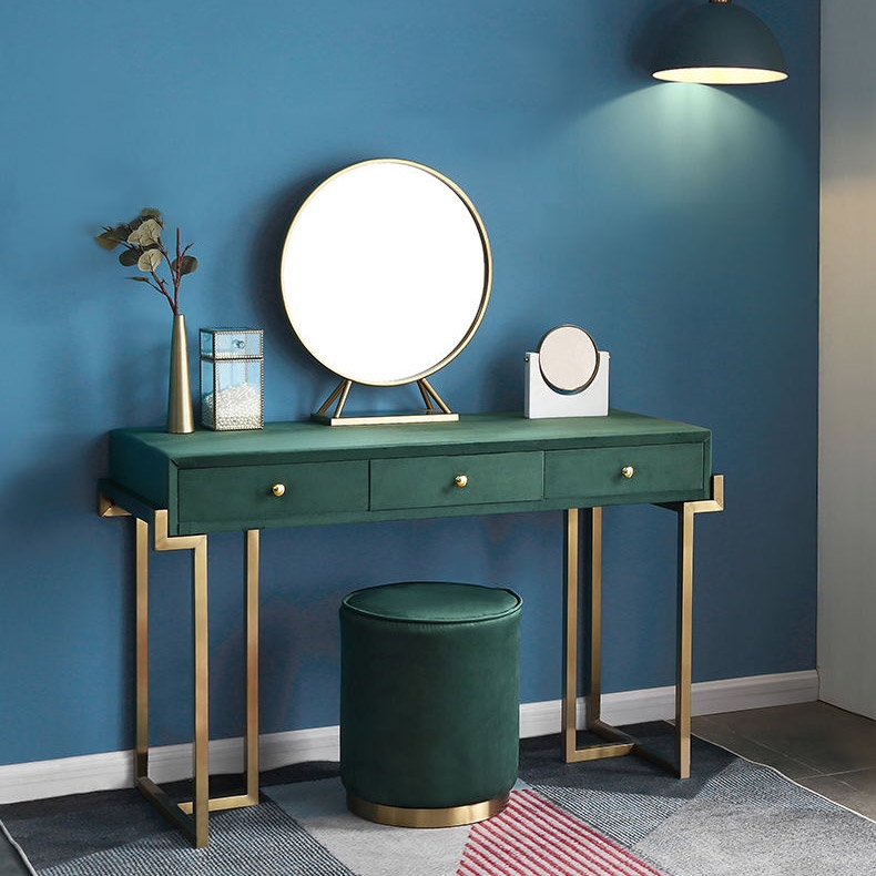 

Gold Makeup Vanity with Drawers Green Velvet Upholstered Makeup Vanity Table with Mirror Dressing Table with Stool Large