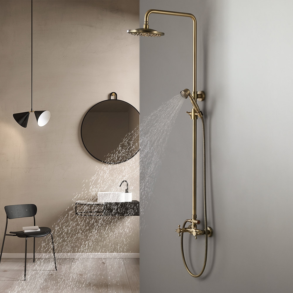 Classic Exposed Antique Brass Two Handle Round Rainshower Shower Mixer Solid Brass