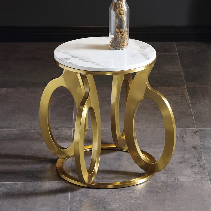 Round Faux Marble End Table Gold Side Table Living Room Stainless Steel