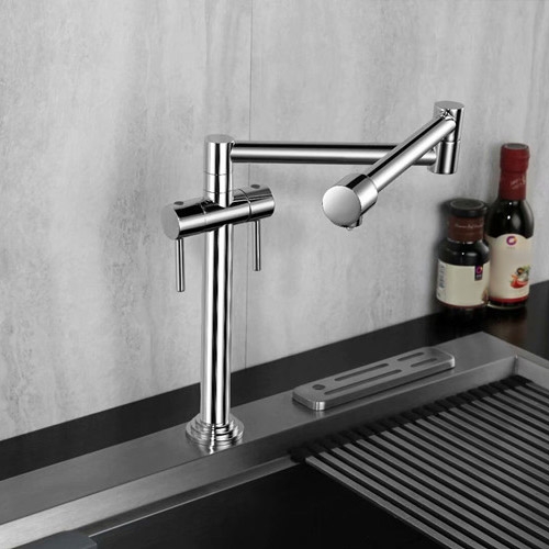 Contemporary Deck Mount Pot Filler Kitchen Faucet Retractable in Chrome