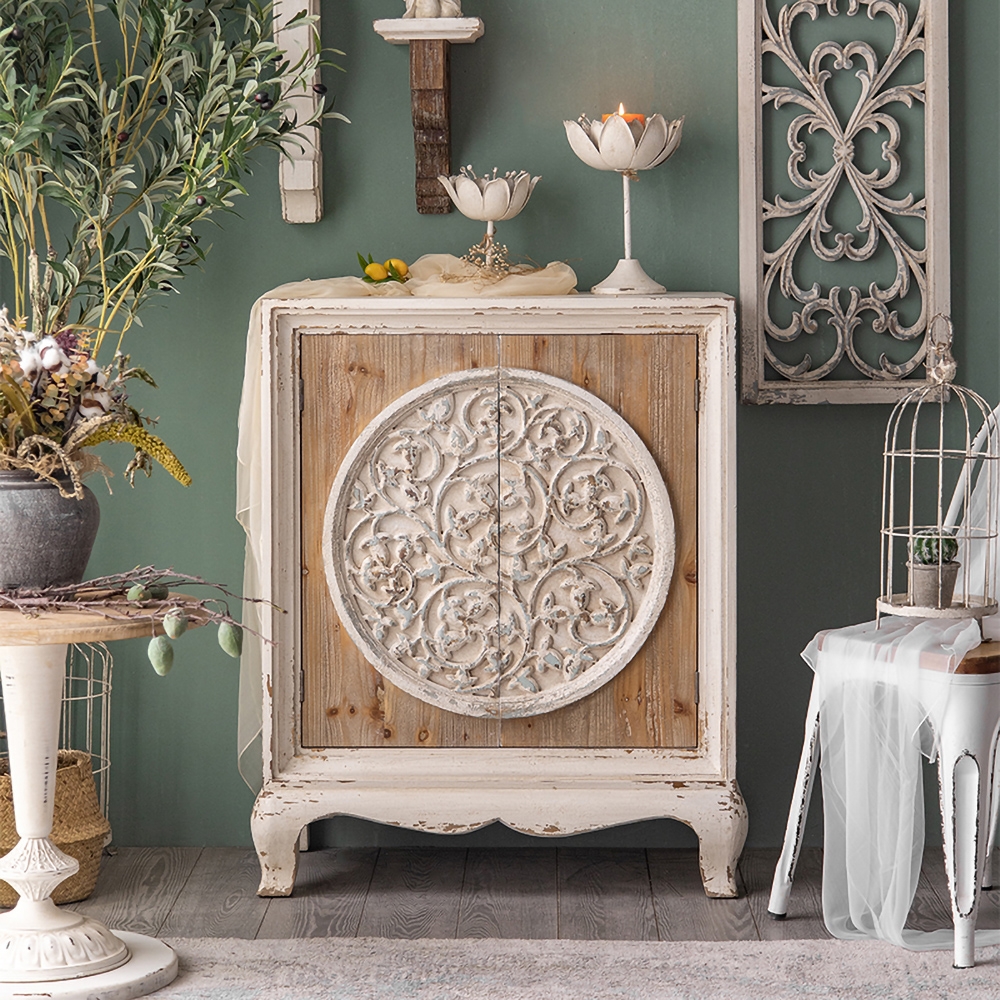 

Rustic Wood Accent Cabinet with Storage Distressed White Farmhouse