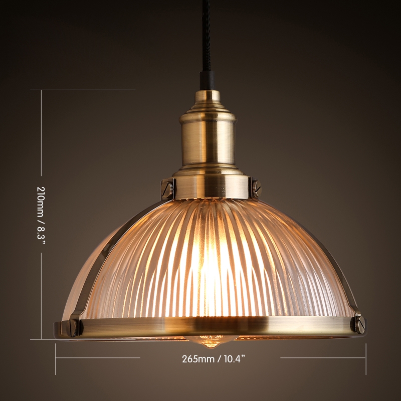 Industrial Prismatic Ribbed Glass Round Dome Pendant Light & One light-110V-Brass