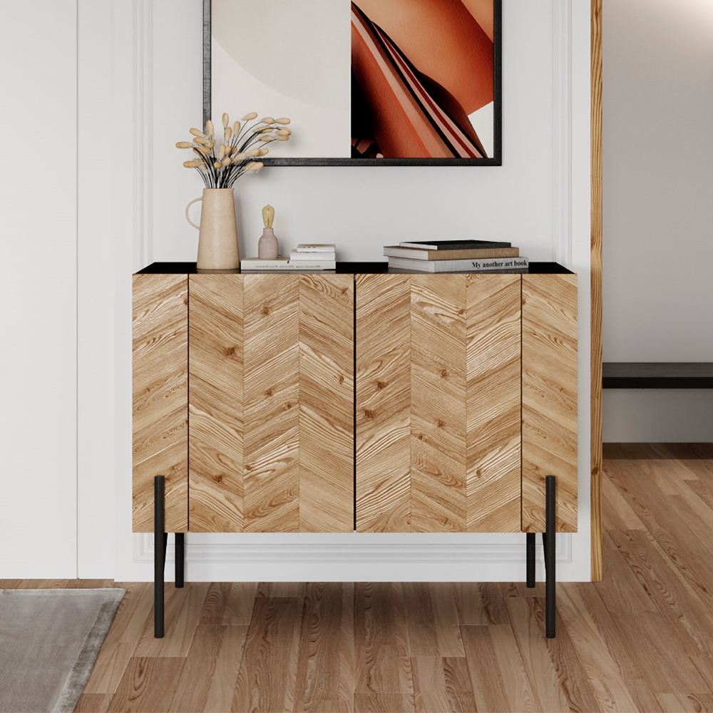 

Chevron Sideboard Buffet with Storage 2-Door Black and Natural Accent Cabinet