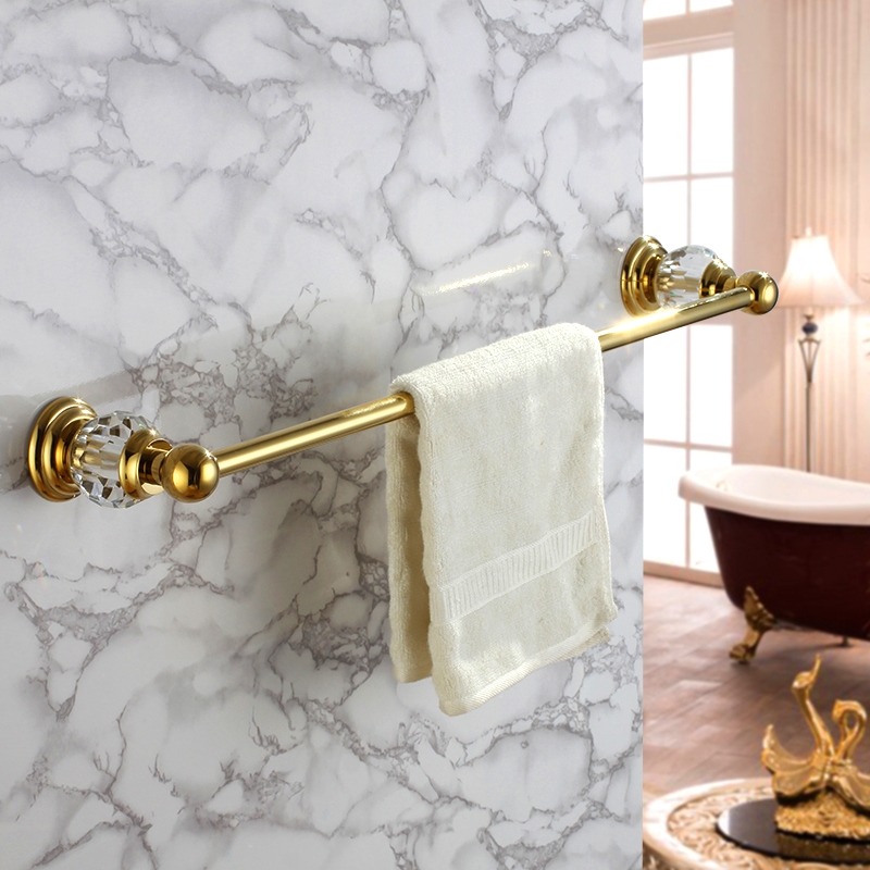 Image of Charles Modern Wall-Mount 24 Inch Crystal Gold Finish Bathroom Single Towel Bar