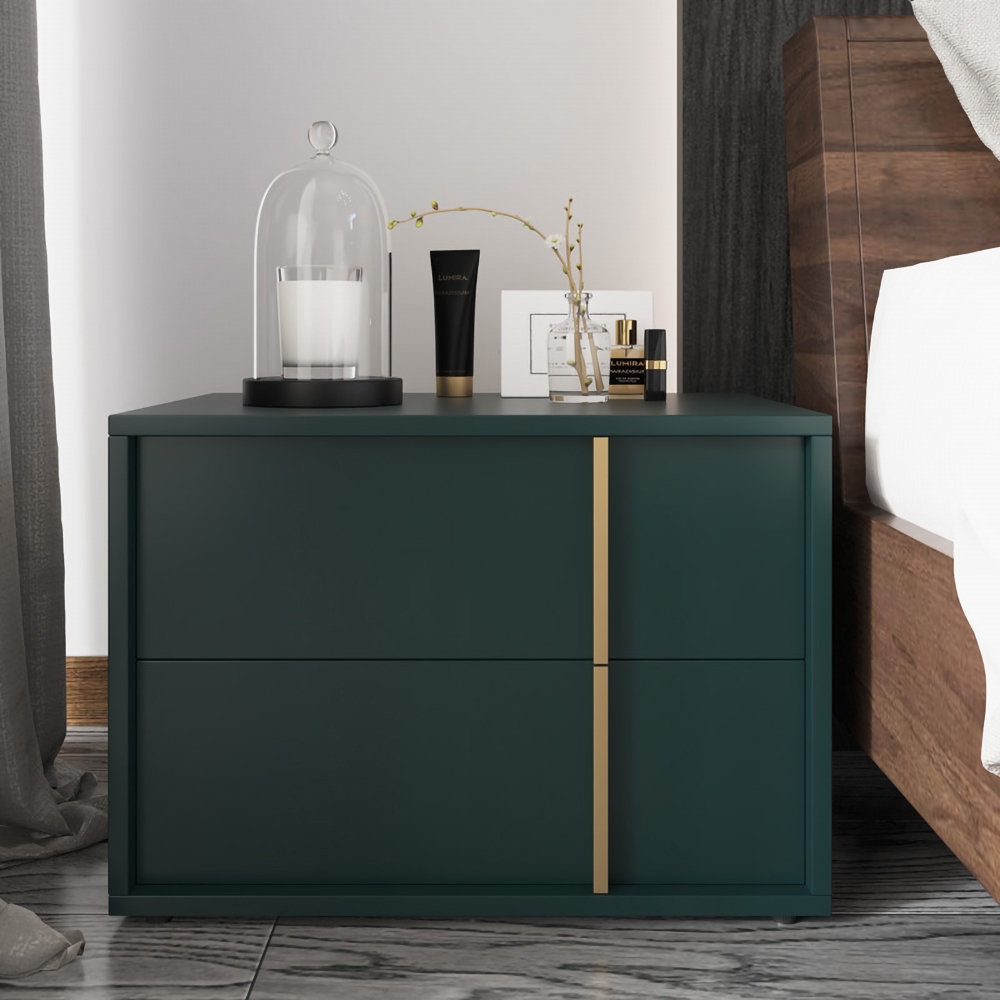 Green Bedside Tabl Manufactured Wood Bedside Table with 2 Drawers Gold Stripe Pulls