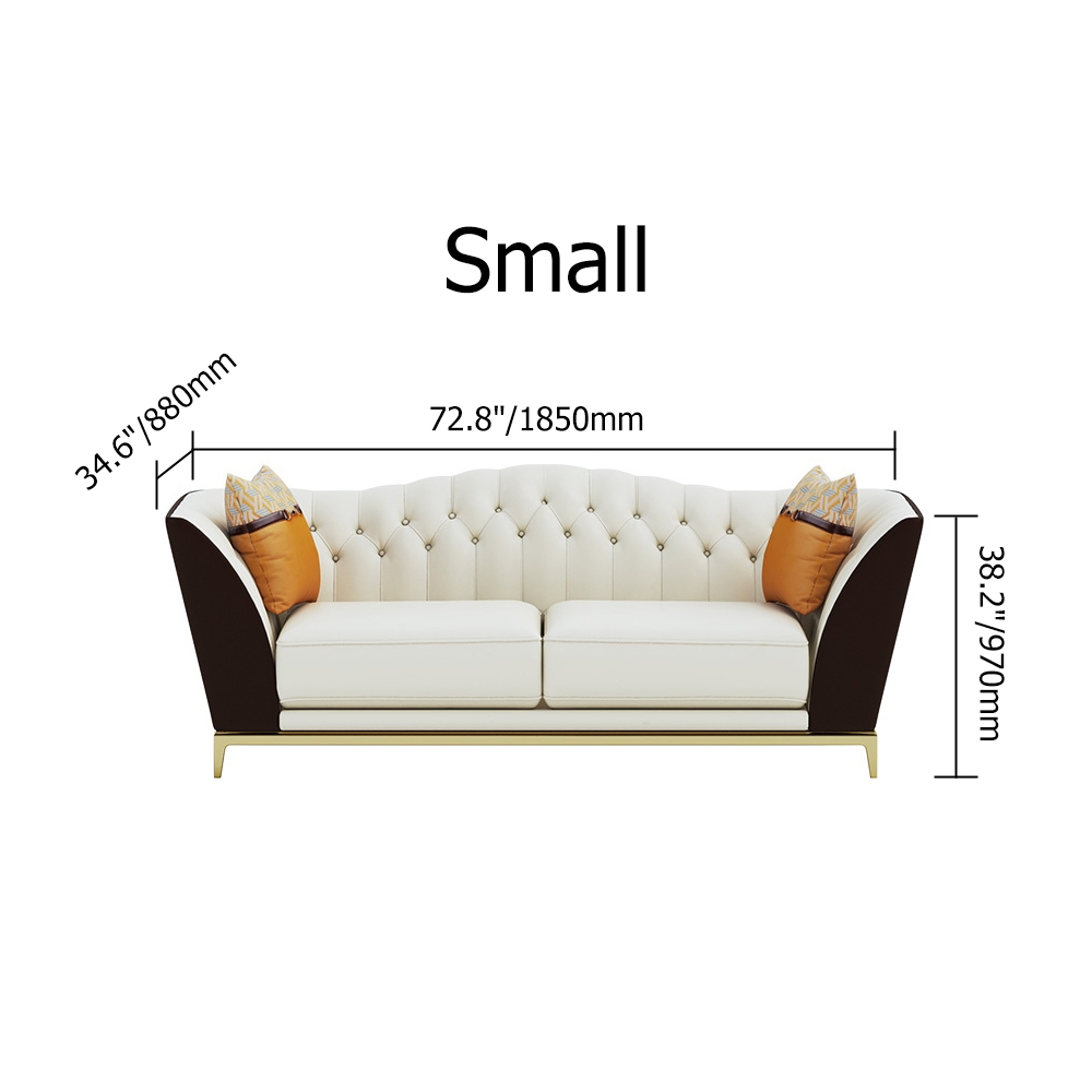 72.8" Faux Leather Upholstered Sofa White and Brown Mid-Century Couch Curved Tufted Back