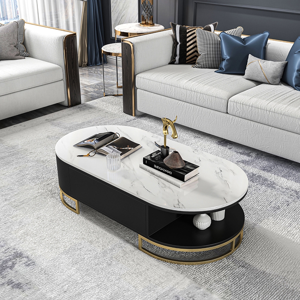 White Oval Storage Coffee Table with Drawers Stone Gold Base