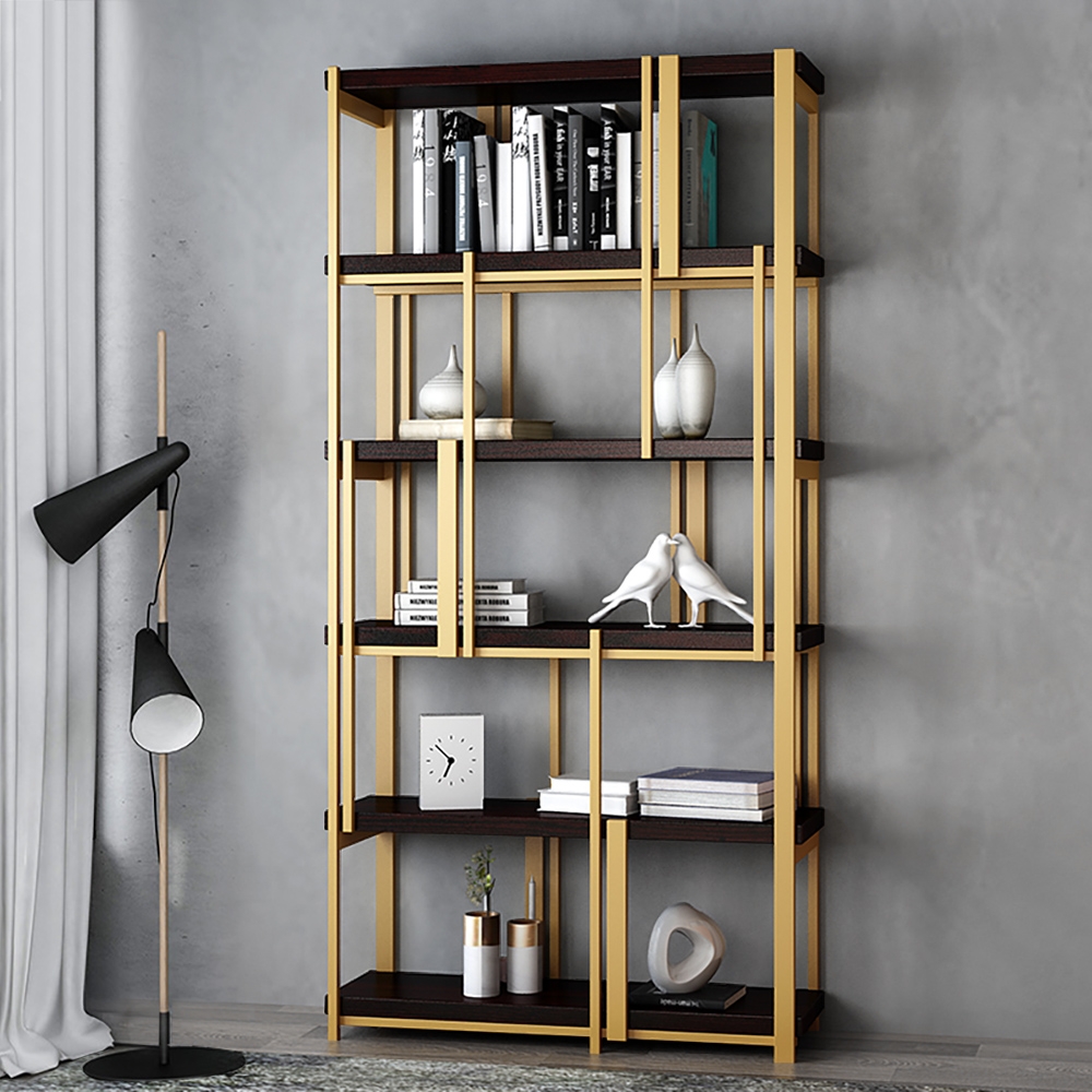 

78.7" Black & Gold Modern Metal 5-Tier Standard Bookcase Freestanding with Wood Shelf