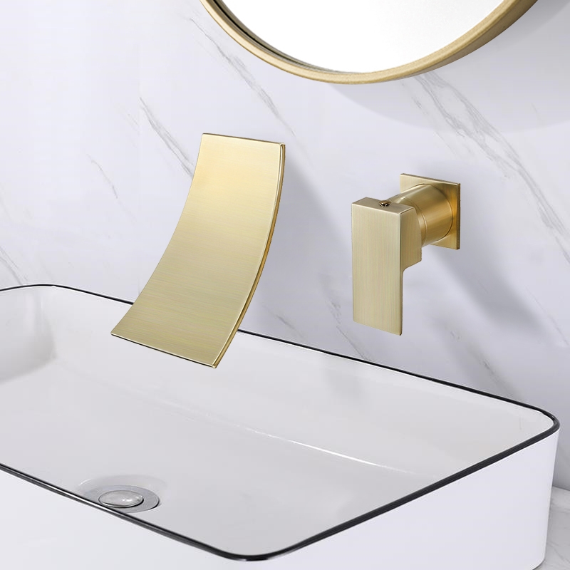 Modern Design Wall Mounted Brushed Gold Bathroom Basin Tap Single Lever Handle