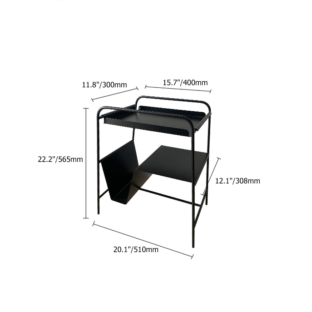 Mesa auxiliar moderna de metal negro para sala de estar con bandeja superior y estantes