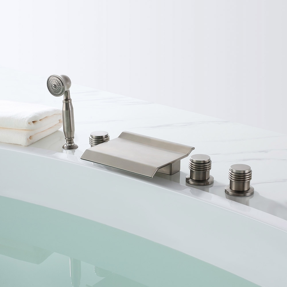 

Moda Waterfall 5 Hole Deck Mounted Roman Tub Faucet & Hand Shower Brushed Nickel