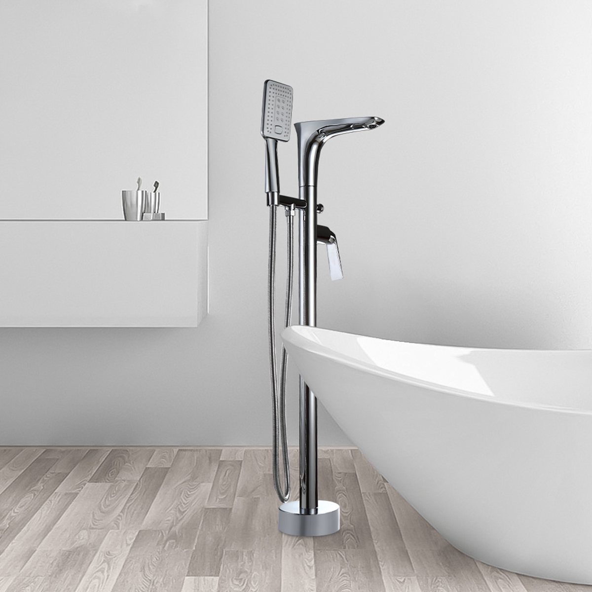 

Contemporary Polished Chrome Floor Mount Tub Filler Solid Brass 1-Handle Freestanding Bathtub Faucet with Hand Shower