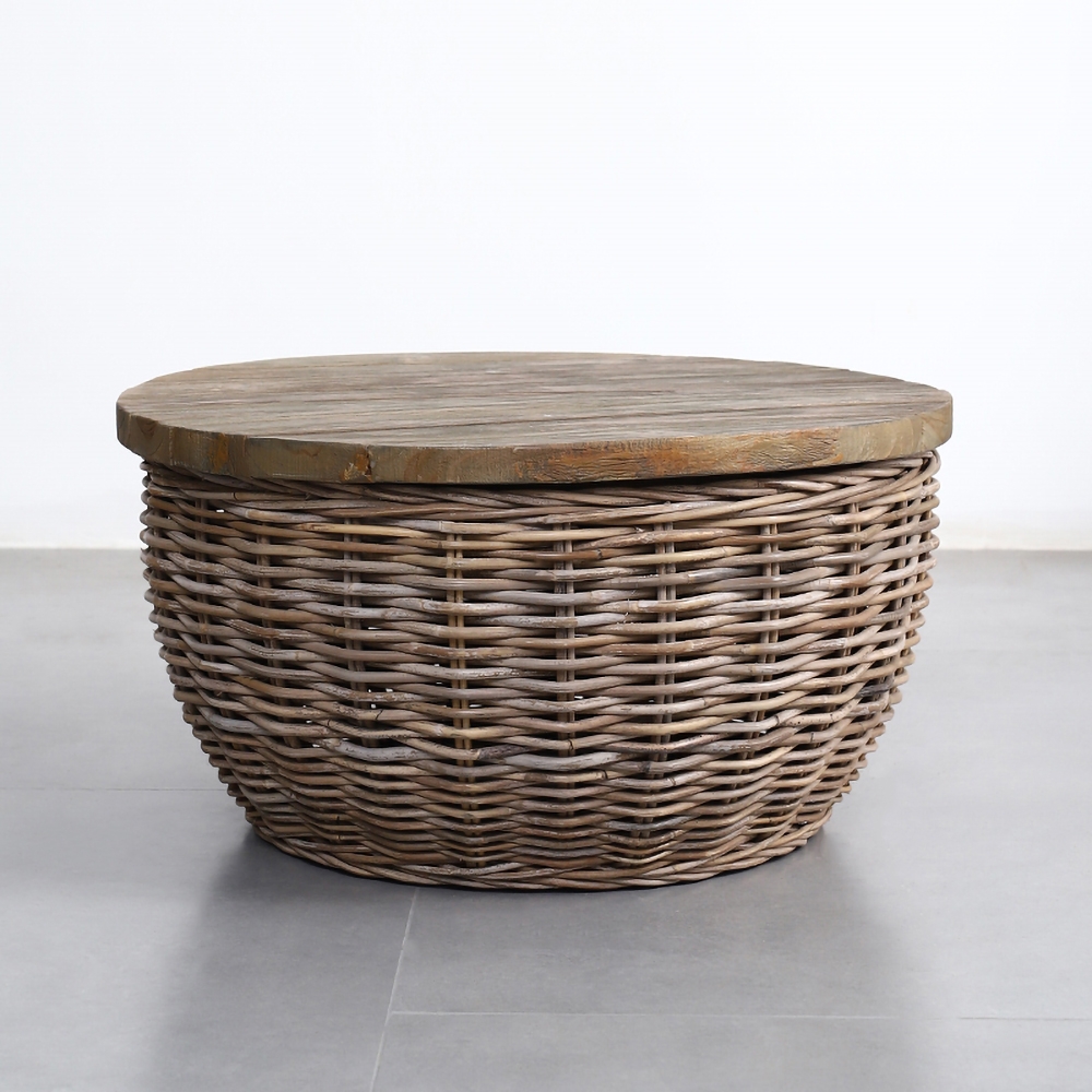 Retro Round Coffee Table Solid Wood Top with Rattan FrameHomary