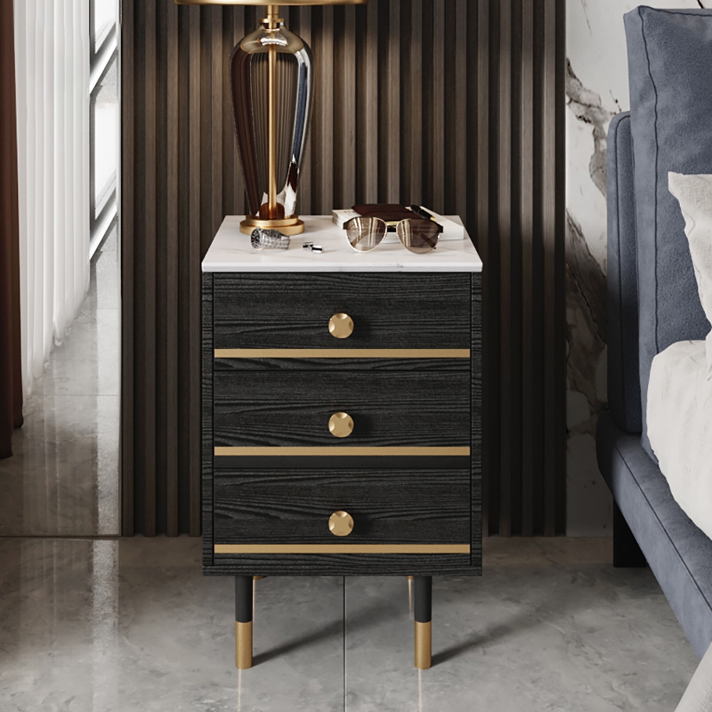 Modern black nightstand white faux marble top bedside cabinet with 3 drawers in gold
