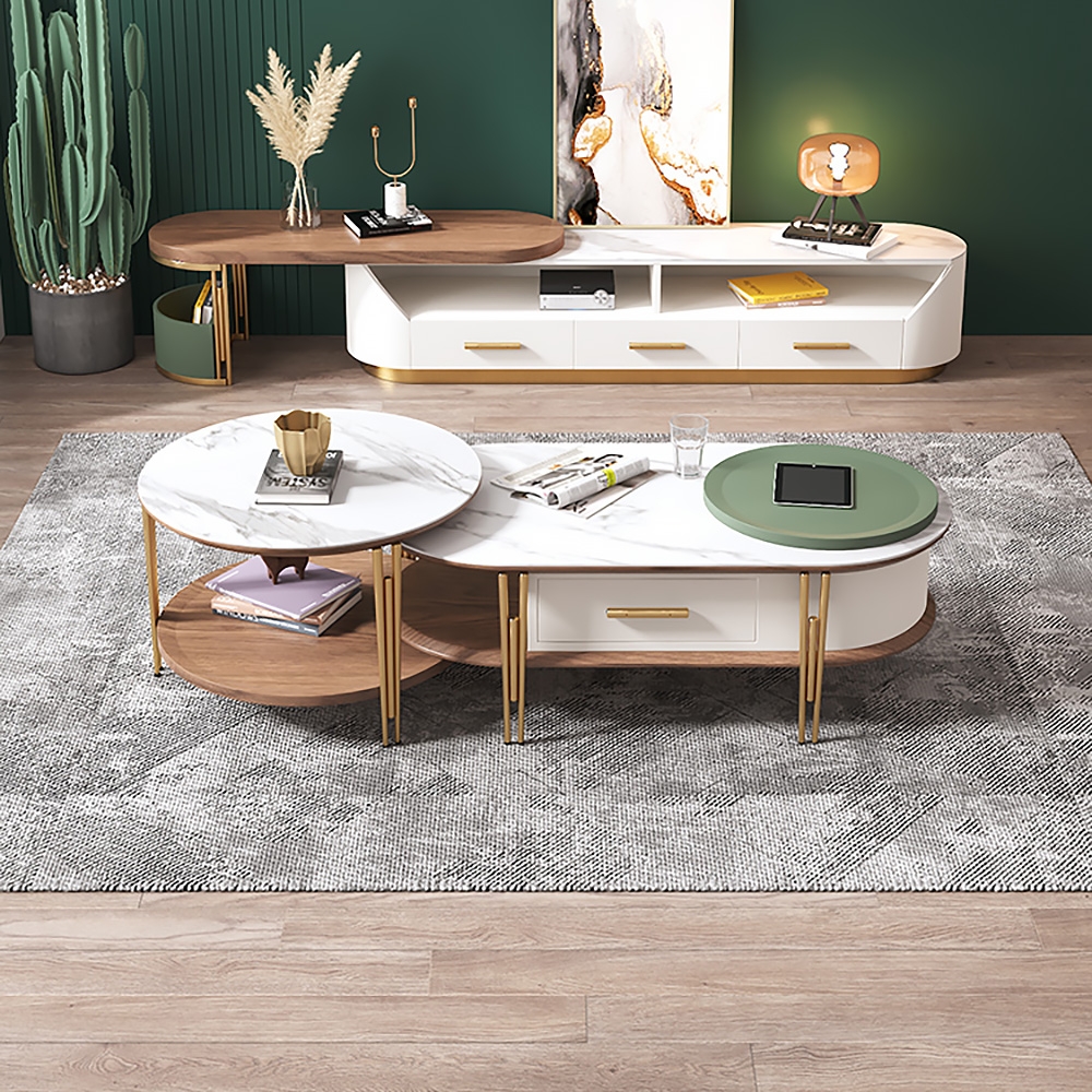 Round & Oval Lift-Top Coffee Table with Storage in White & Green