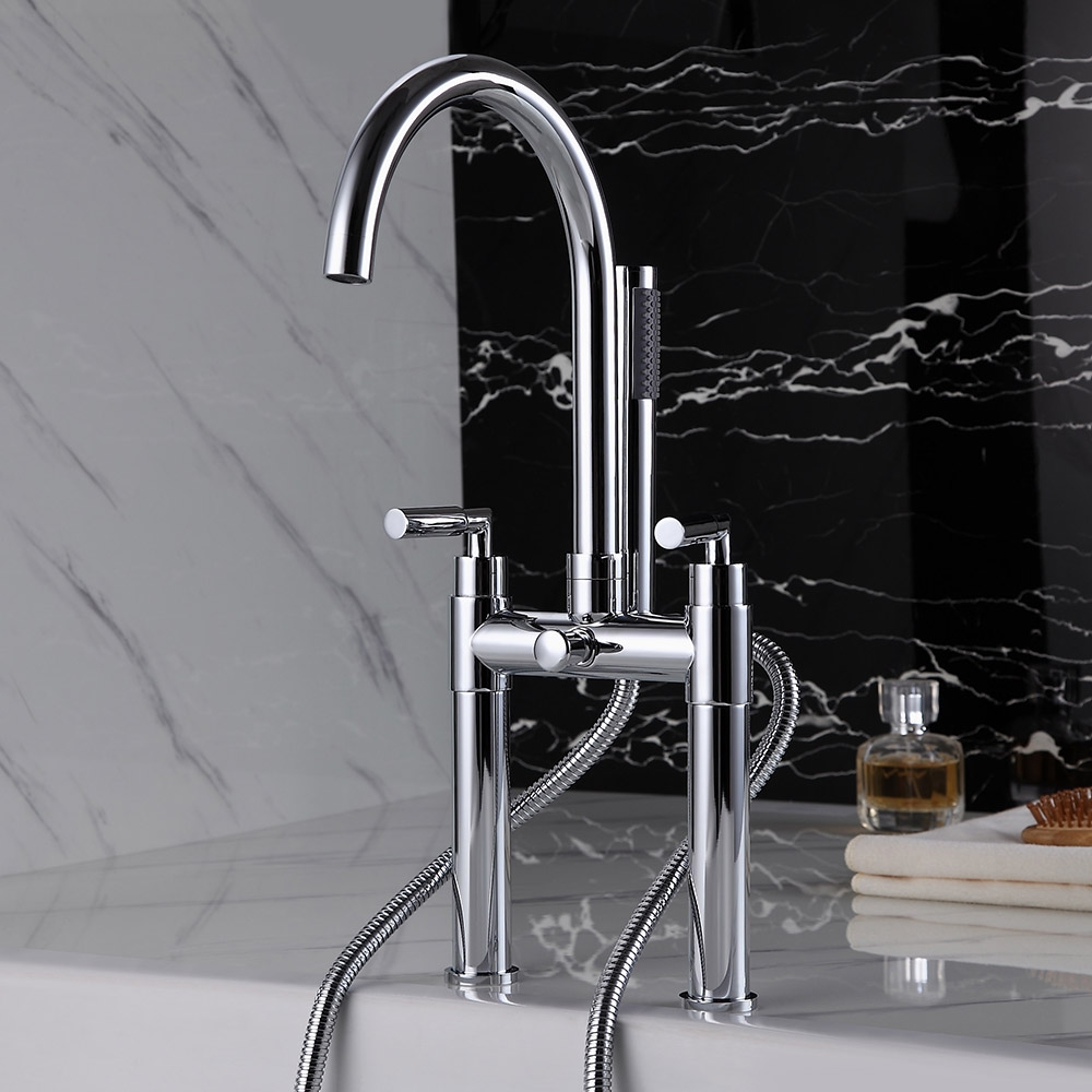 Stev Modern Dual-Handle Deck-Mount Chrome Clawfoot Tub Filler Faucet Hand Shower Included