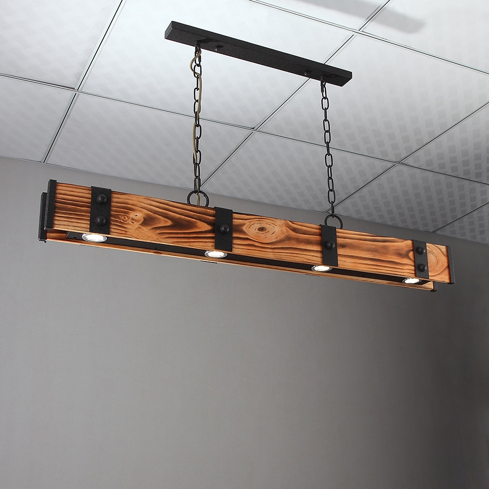 Rowen Industrial Loft Style 4-Light LED Linear Rust Wood & Metal Island Pendant Light