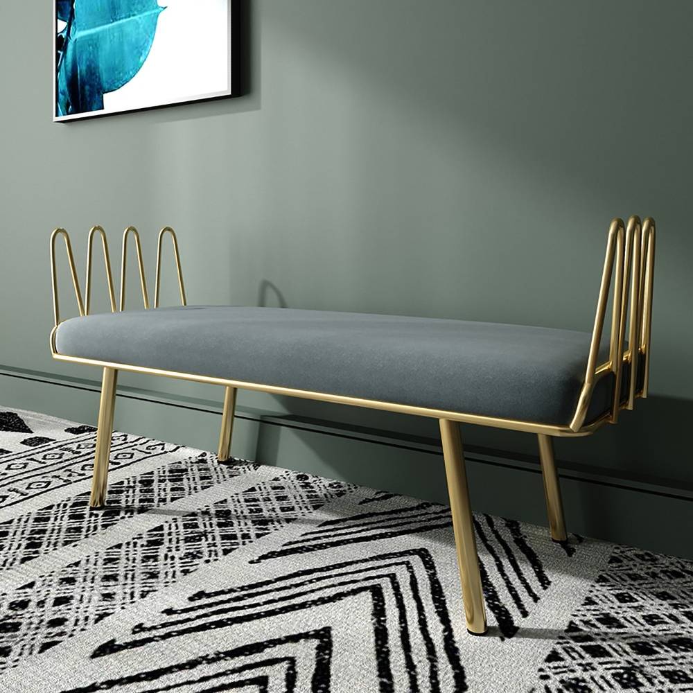 

Light Gray Entryway Bench Modern Upholstered Velvet Bench Metal in Gold