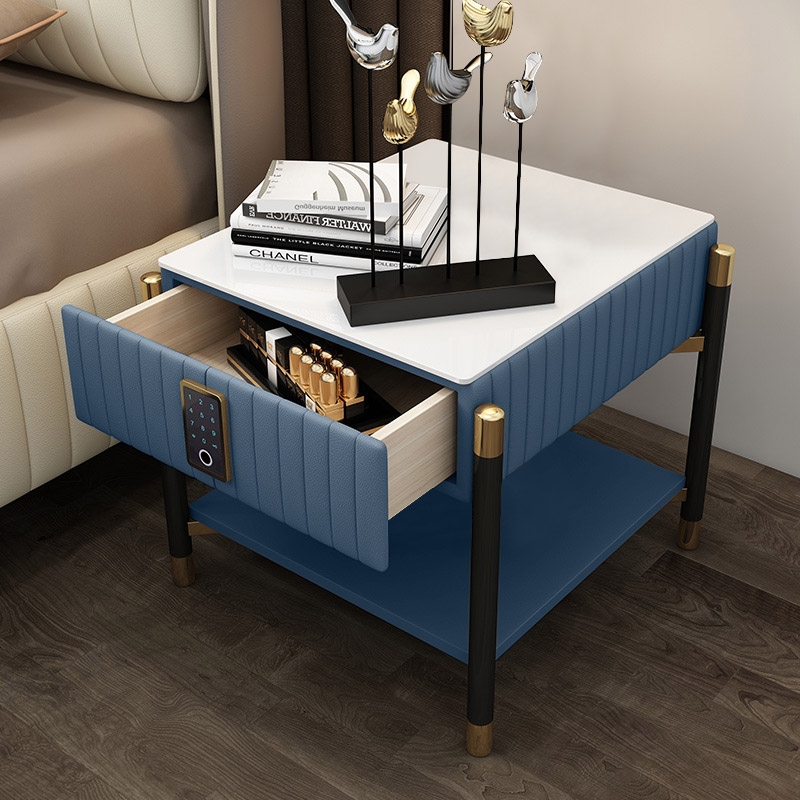 Table de chevet rembourrée bleue Tables de nuit à 1 tiroir avec serrure électronique