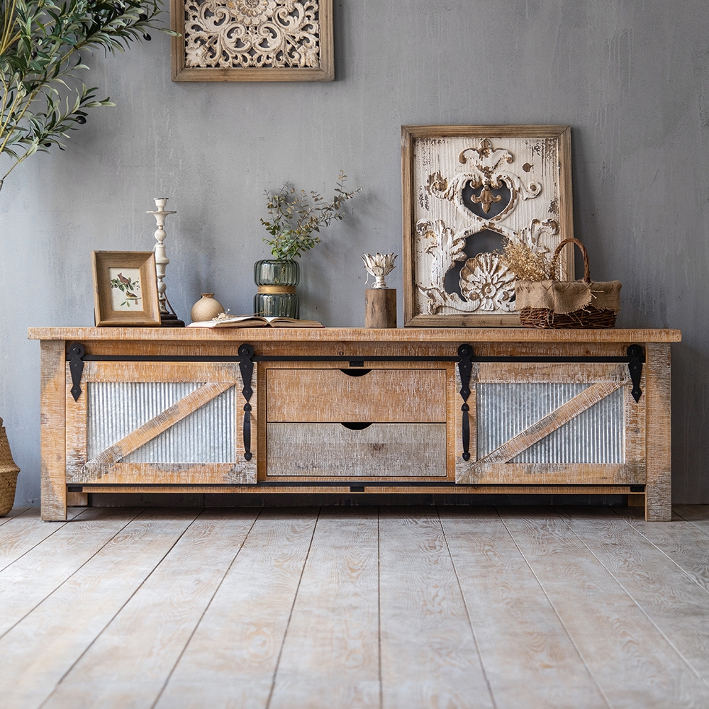 Rustic Natural TV Stand with 2 Drawers & 2 Sliding Doors Media Console for TVs up to 70"