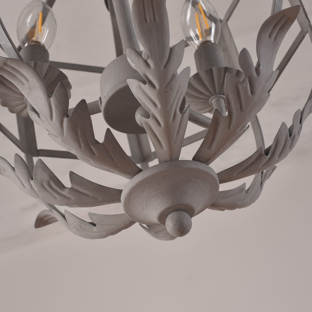 Modern Rustic 3-Light Grey Leaves Metal Cage Hanging Lantern Large Pendant Light