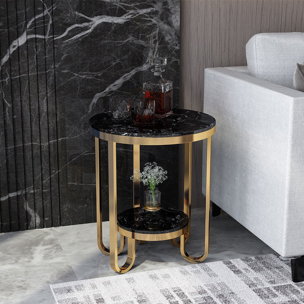 Schwarzer, runder Beistelltisch aus Kunstmarmor für Wohnzimmer mit Aufbewahrungsregal, goldfarbenes Metall