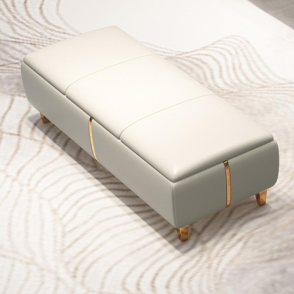 Modern Entryway Bench Beige Faux Leather Upholstered Ottoman Bench for