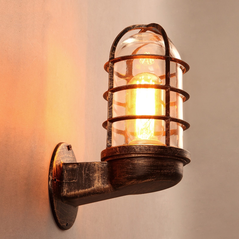 Industrial Rust Metal Cage Single Light Wall Lamp with Clear Glass Shade