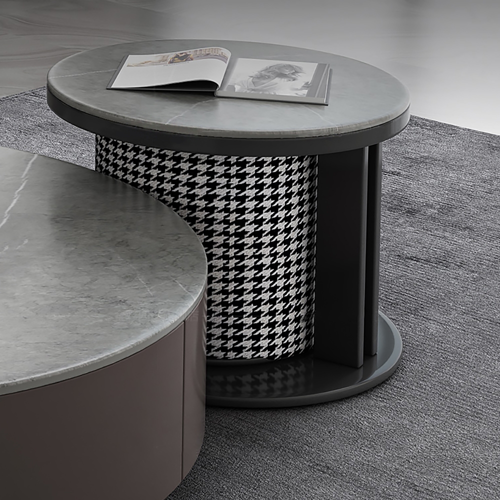 Gray Round Nesting Coffee Table with Houndstooth Stool Stone Accent Table