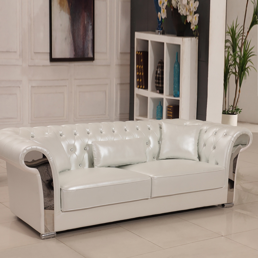 

White 3-Seater Button Tufted Sofa Upholstered Faux Leather Curved Sofa Pillows Included